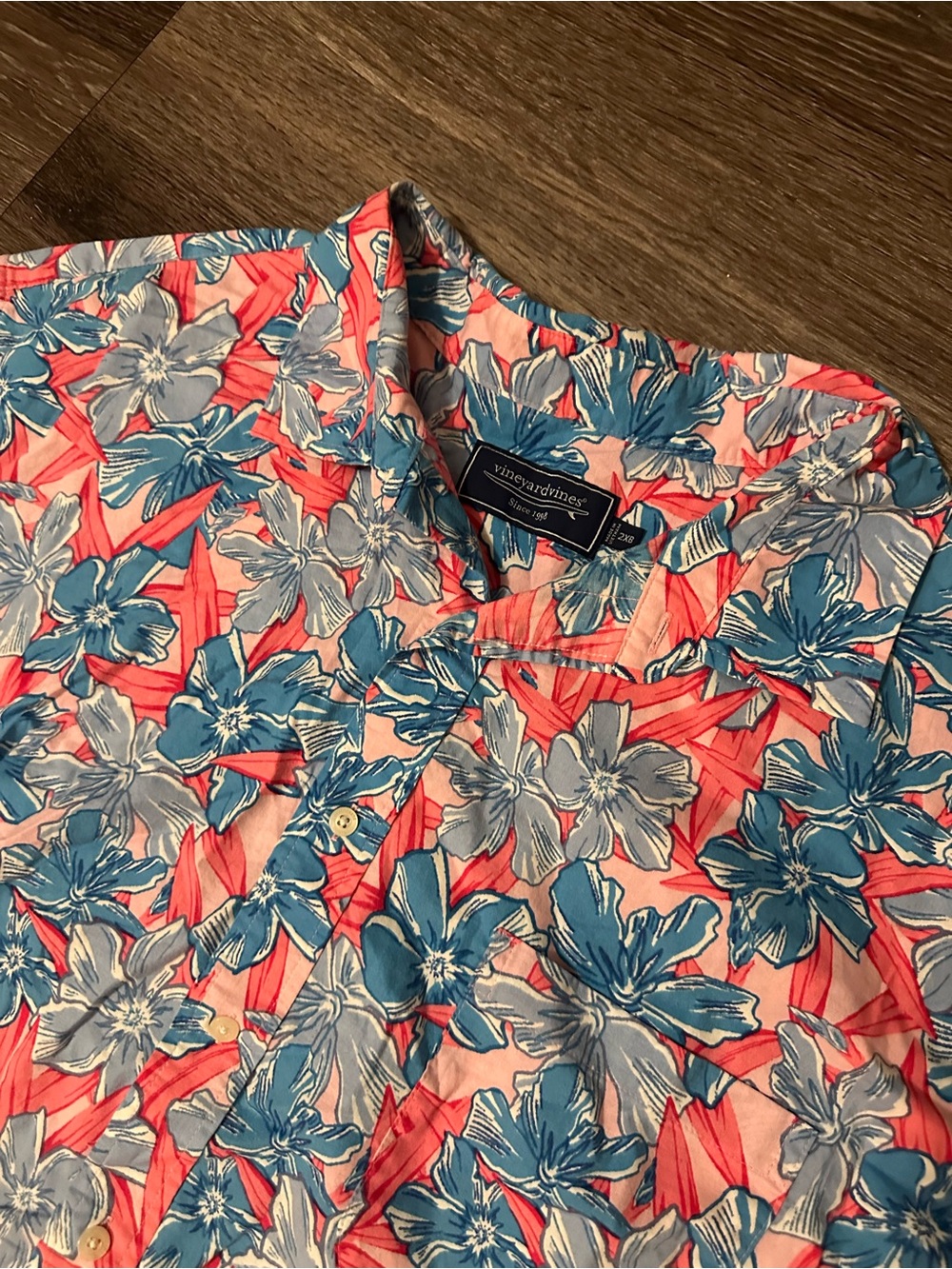 Vineyard Vines Pink Blue Floral Hawaiian Cotton Short Sleeve Button-Up 2XB Men